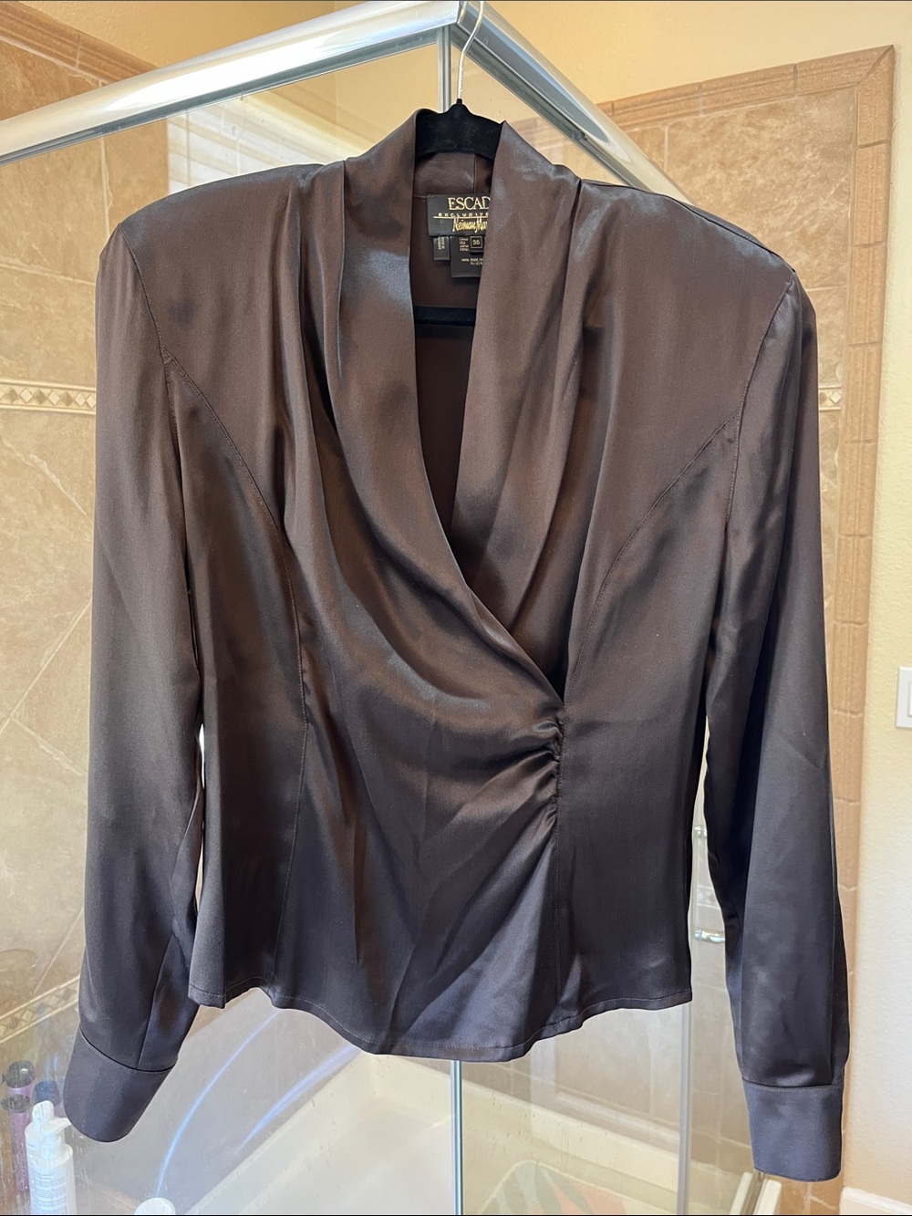 Escada Midnight Brown Satin Shawl Collar Wrap Jacket